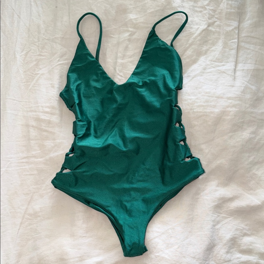 Shiny Mermaid Green One-Piece Swimsuit with Side Cutouts